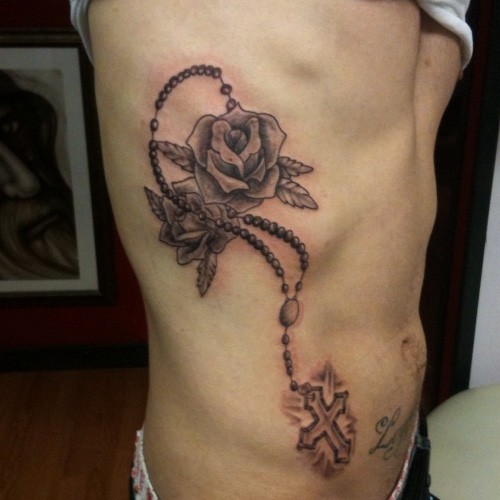 Rosary Rose Tattoo On Ribs For Men