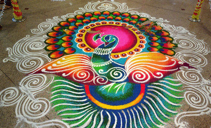 beautiful peacock rangoli design for diwali