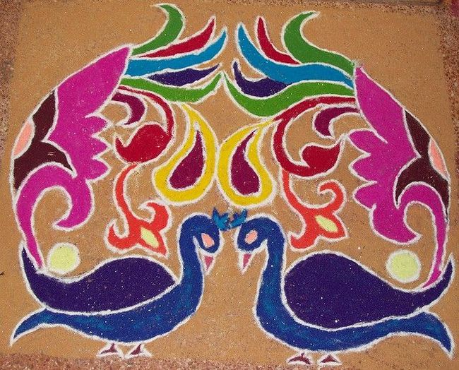 peacock rangoli design for deepawali night 