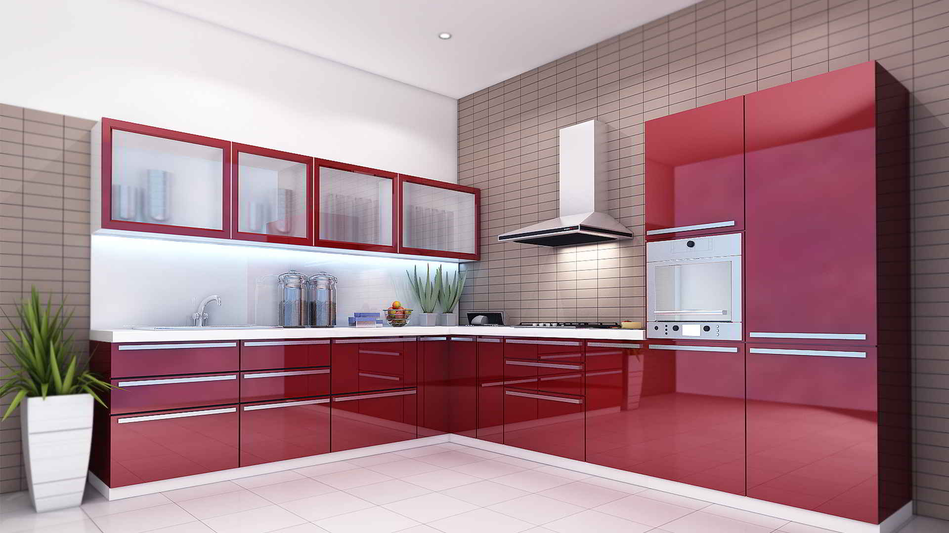Red Color Modular Kitchen Ideas and Pictures