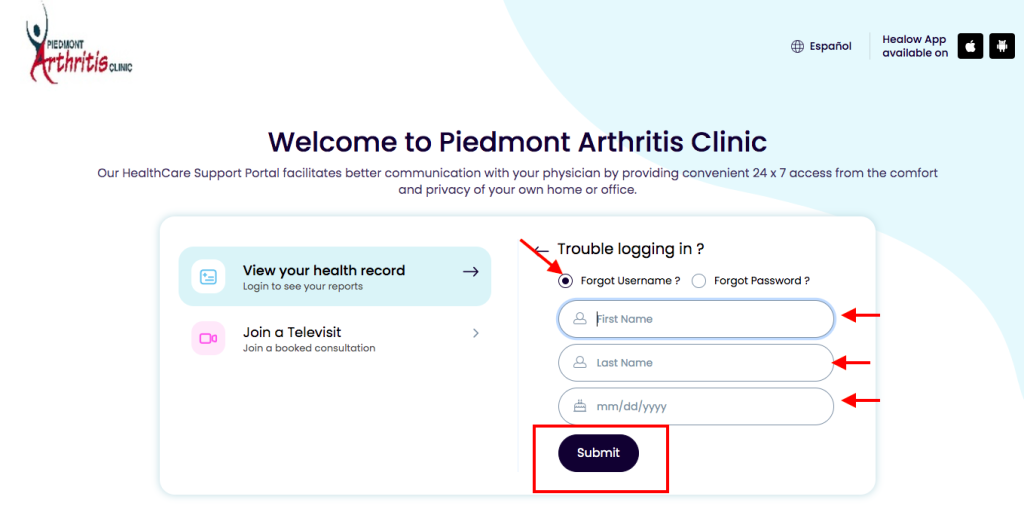 Piedmont Arthritis Clinic Patient Portal